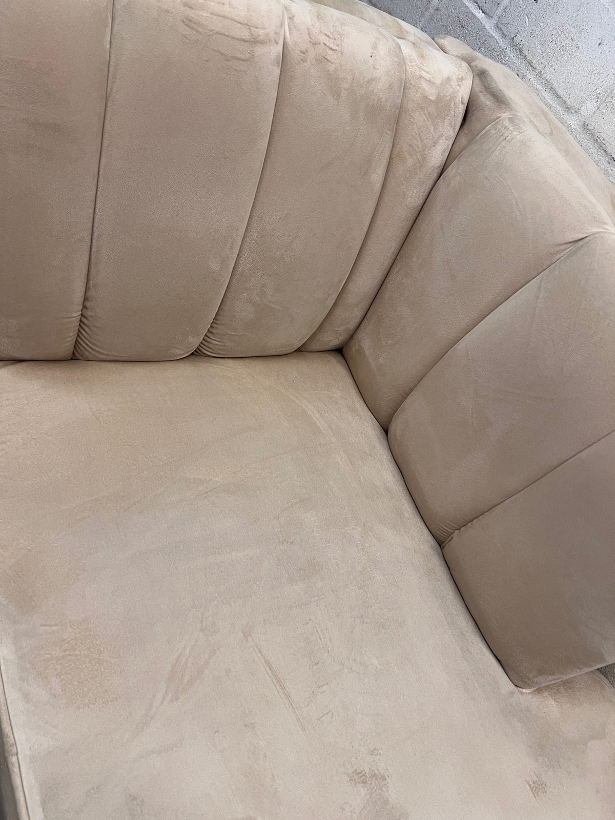 Cream Velvet L-Shape Sectional Couch with Gold Legs — Good Working Order – top view