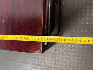 Mahogany Wood Bedside Table with Geometric Panel Drawers — Fair Condition with Visible Wear – depth measurement