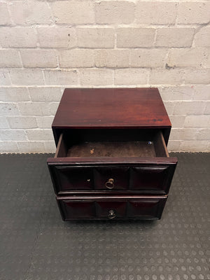 Mahogany Wood Bedside Table with Geometric Panel Drawers — Fair Condition with Visible Wear – side view