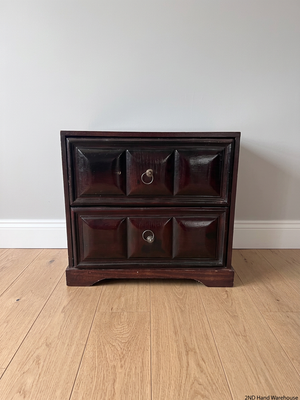 Mahogany Wood Bedside Table with Geometric Panel Drawers — Fair Condition with Visible Wear – styled product image