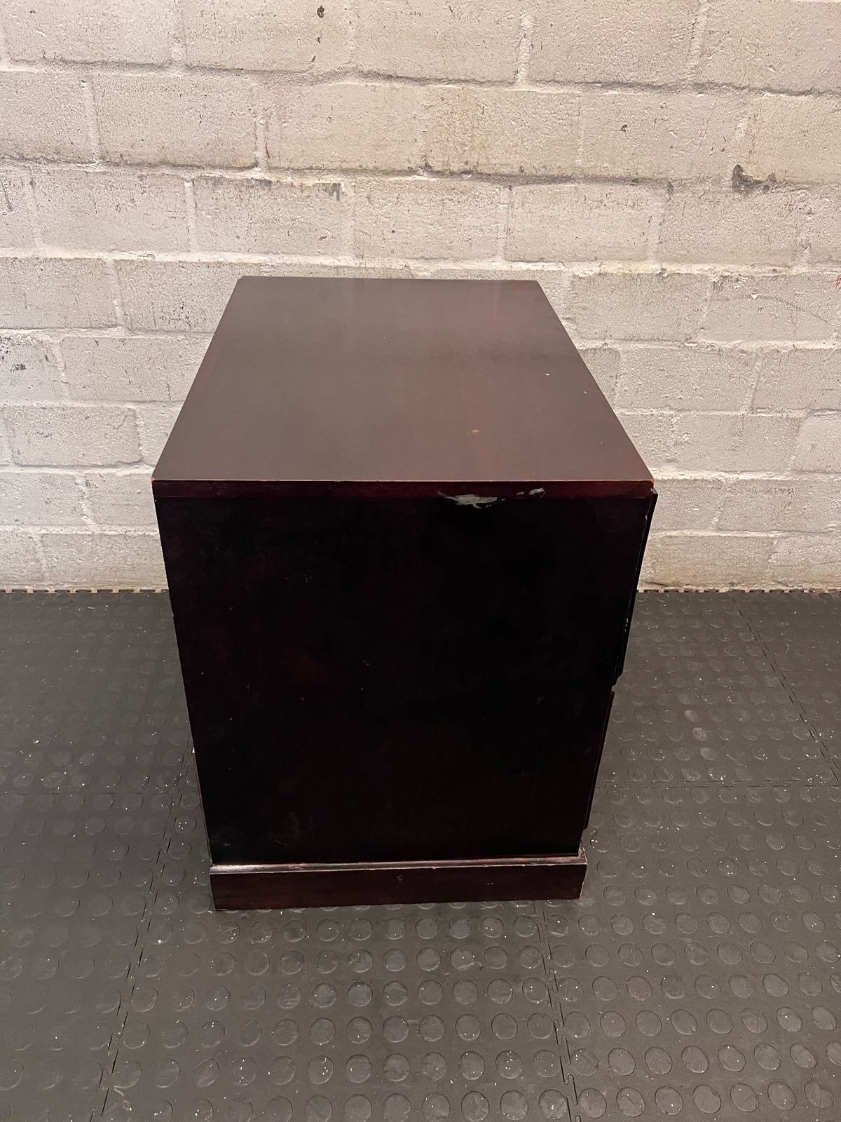 Mahogany Wood Bedside Table with Geometric Panel Drawers — Fair Condition with Visible Wear – top view