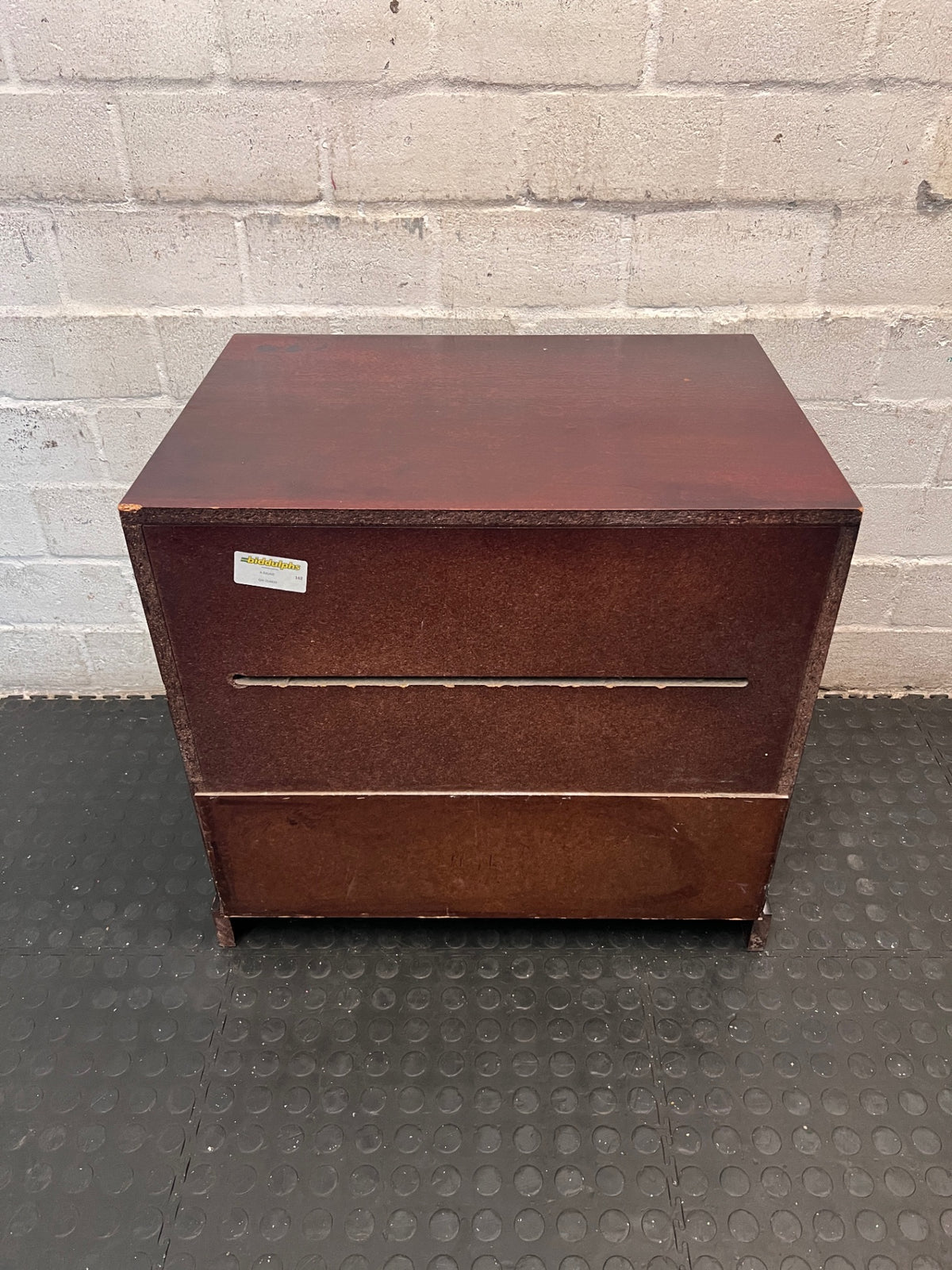 Dark Wood 2-Drawer Bedside Table with Bevelled Detail — Fair Condition with Visible Wear – back view