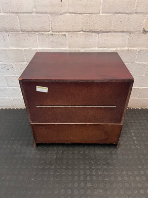 Dark Wood 2-Drawer Bedside Table with Bevelled Detail — Fair Condition with Visible Wear – back view