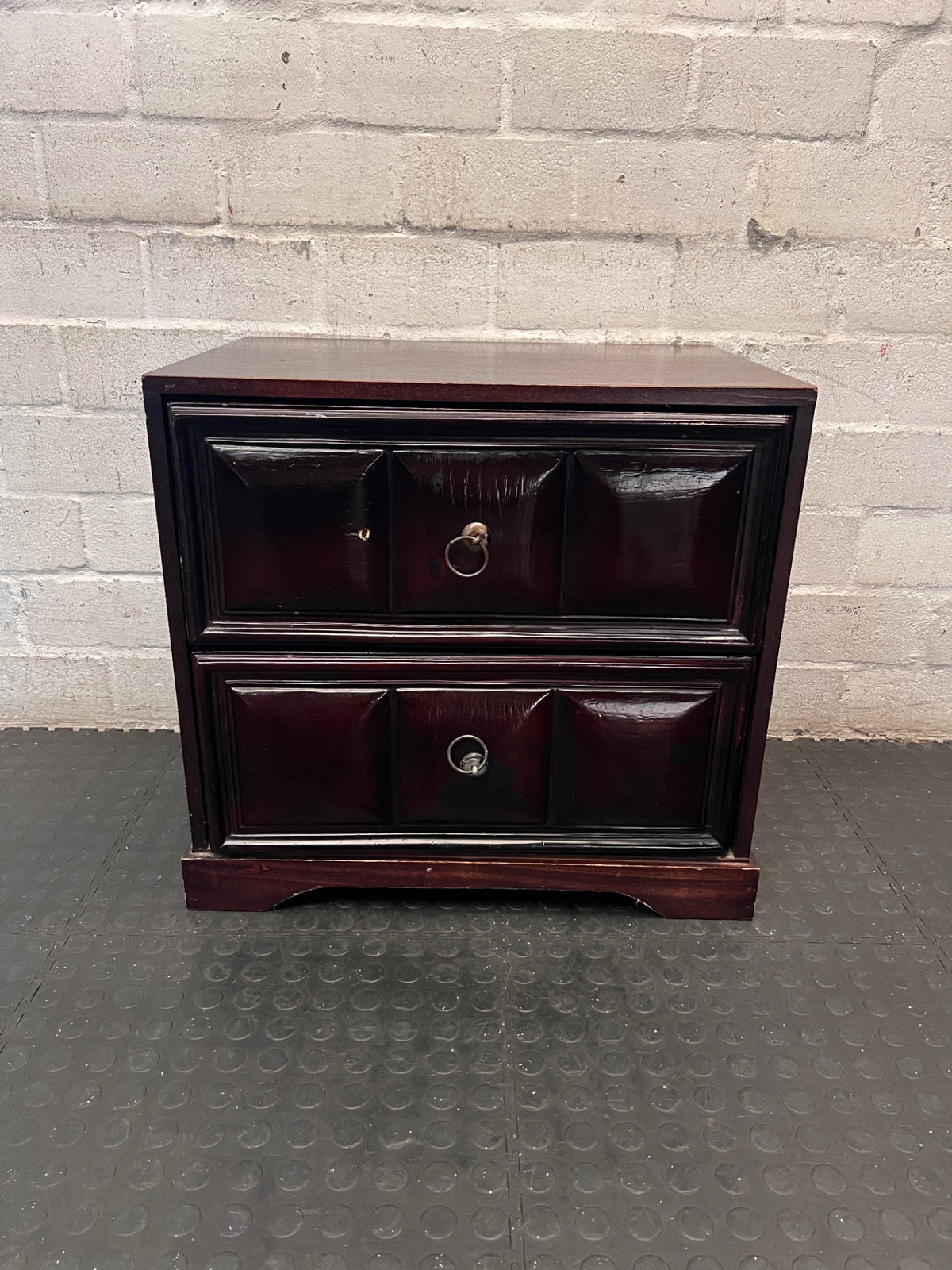 Dark Wood 2-Drawer Bedside Table with Bevelled Detail — Fair Condition with Visible Wear – main front view