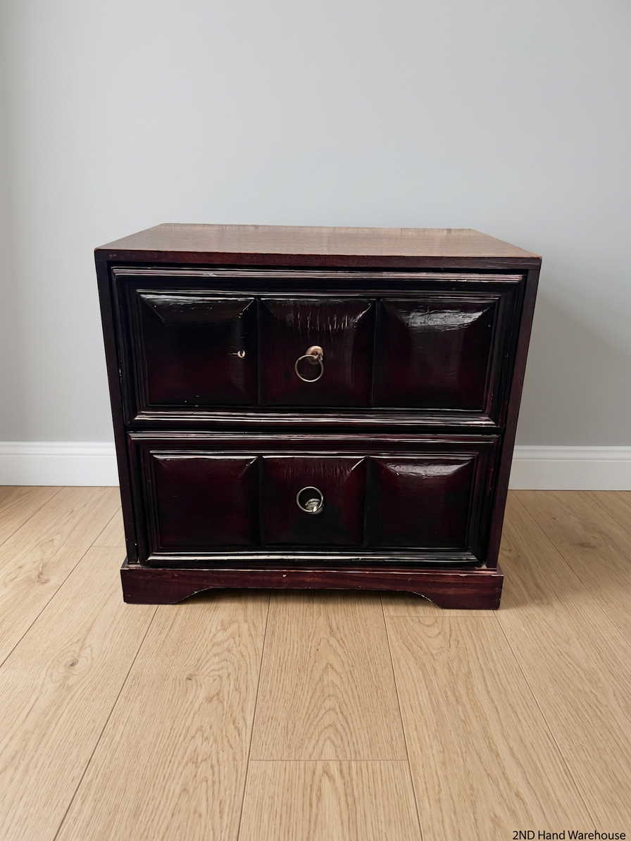 Dark Wood 2-Drawer Bedside Table with Bevelled Detail — Fair Condition with Visible Wear – styled product image