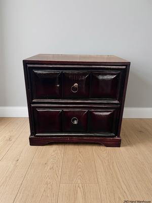 Dark Wood 2-Drawer Bedside Table with Bevelled Detail — Fair Condition with Visible Wear – styled product image