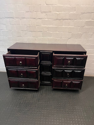 Dark Wood 6-Drawer Chest with Textured Panelling — Fair Condition – side view