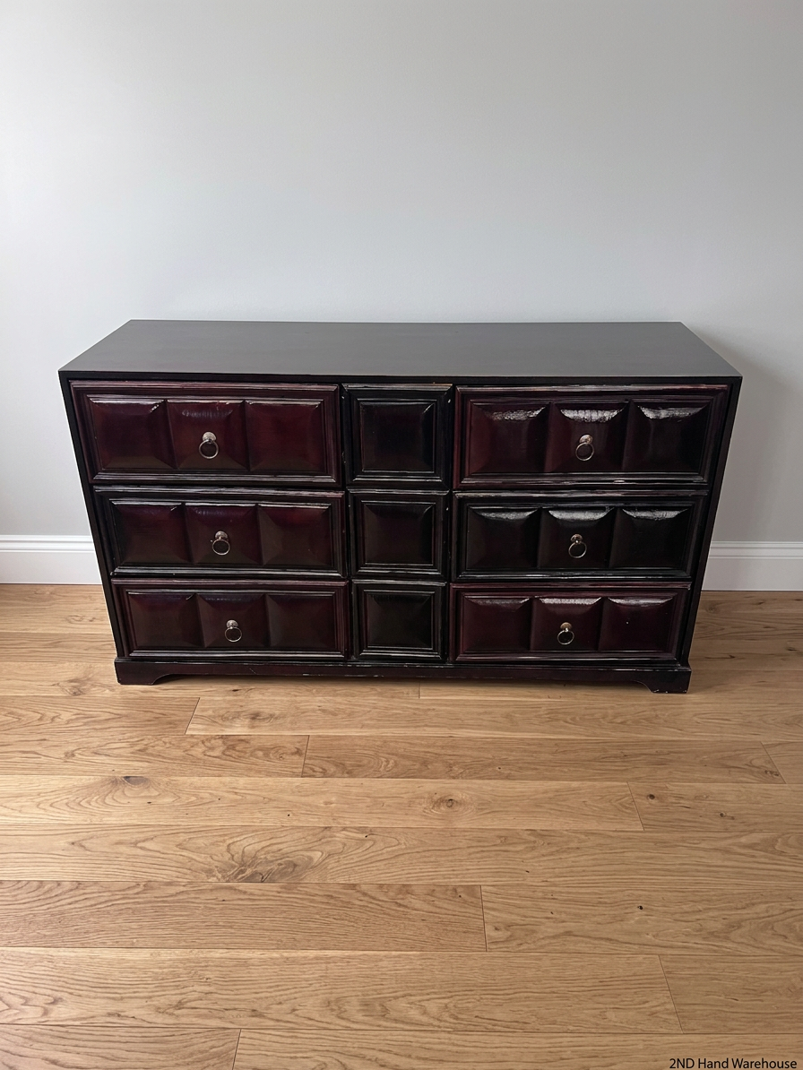 Dark Wood 6-Drawer Chest with Textured Panelling — Fair Condition – styled product image