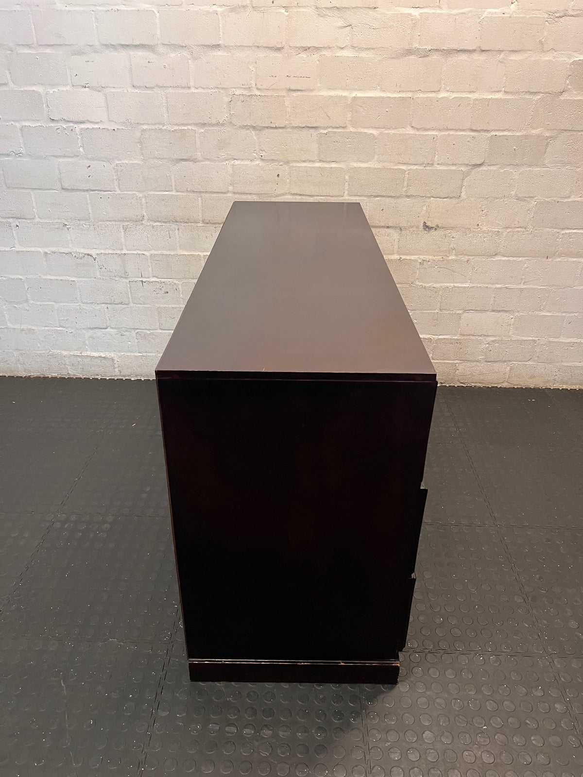 Dark Wood 6-Drawer Chest with Textured Panelling — Fair Condition – top view