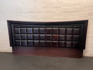 Mahogany Curved King Headboard with Quilted Inset — Fair Condition with Chipped Bedside Tables – back view