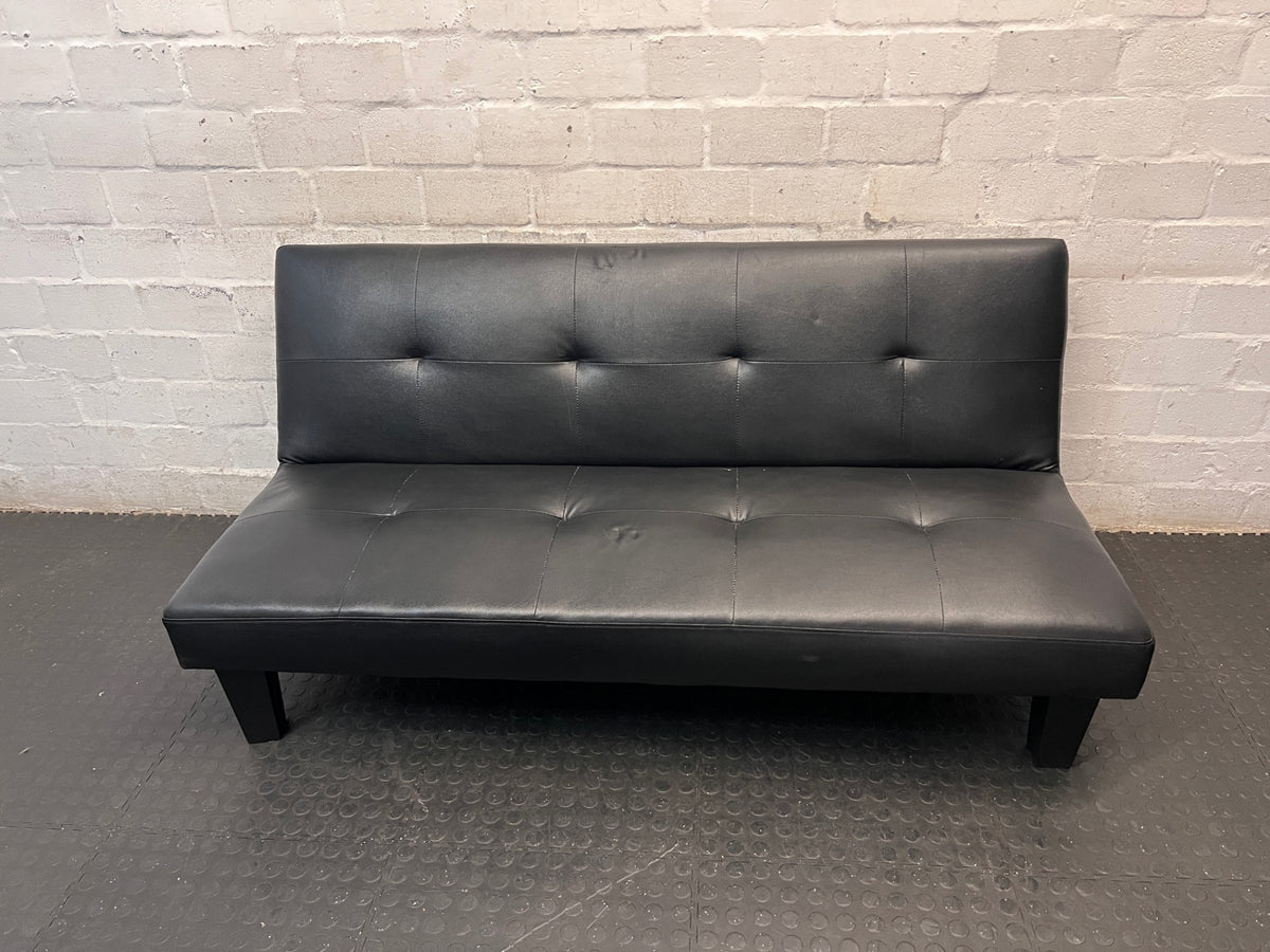 Black Tufted Leather-Look Sleeper Couch — Good Working Order – main front view