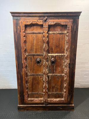 Carved Indian Teak Double Door Armoire — Good Working Order – main front view