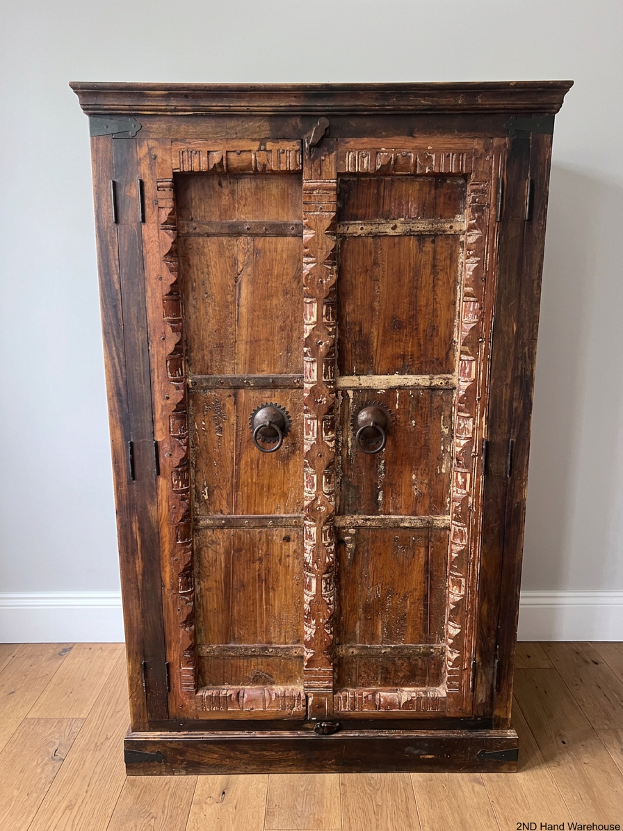 Carved Indian Teak Double Door Armoire — Good Working Order – styled product image