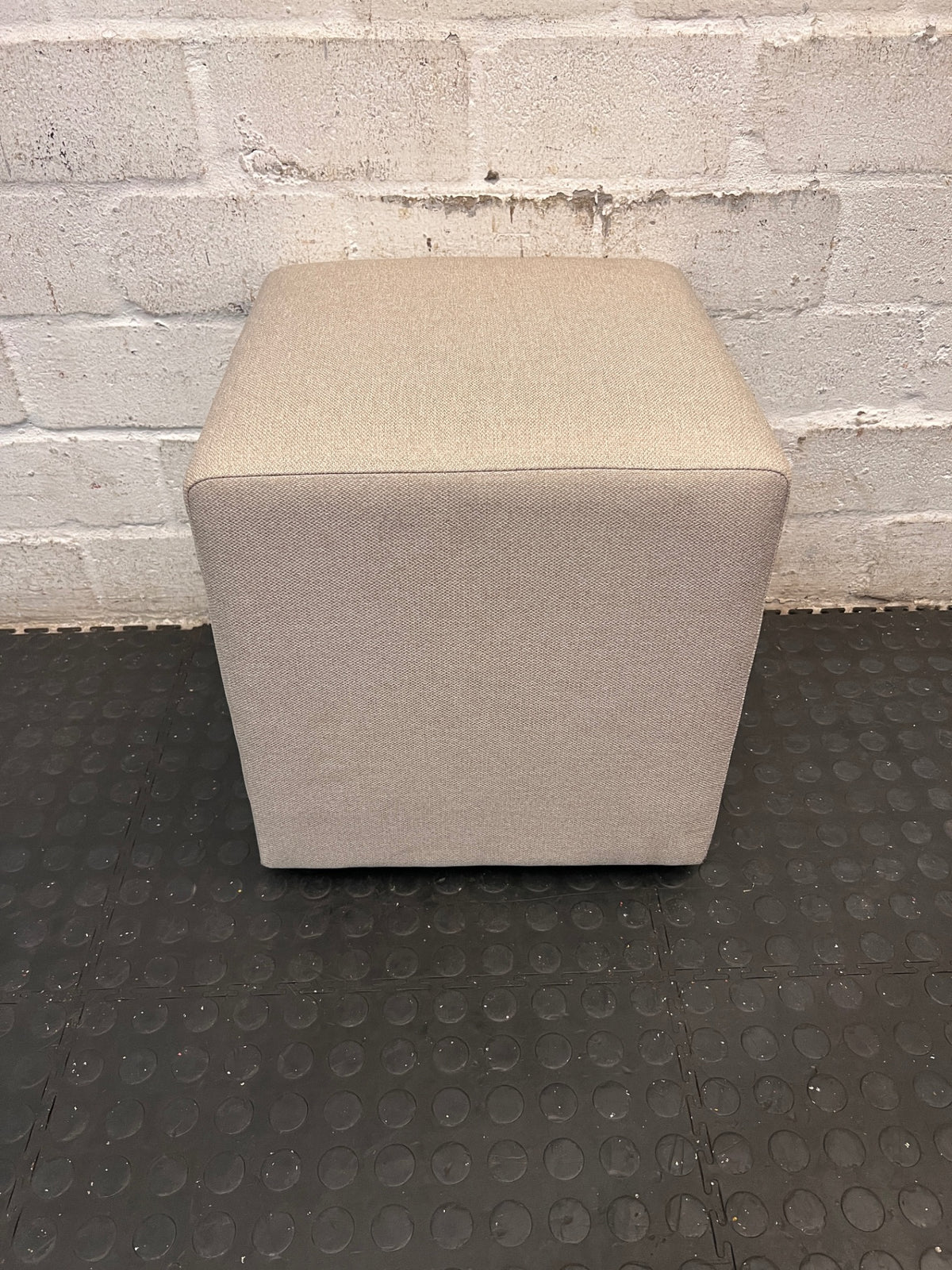 Square Beige Fabric Ottoman — Good Condition – side view