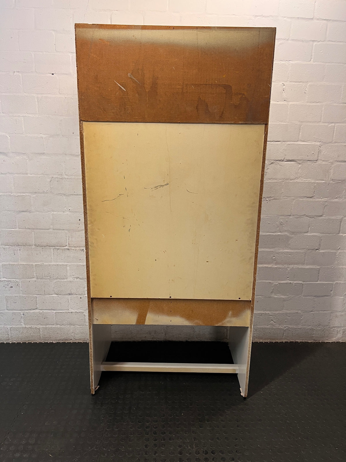 Tall White Wooden Dressing Table with Louvre Cupboard — Very Good Condition – back view