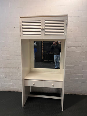 Tall White Wooden Dressing Table with Louvre Cupboard — Very Good Condition – main front view