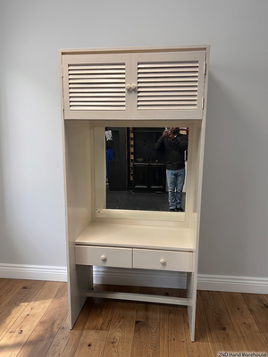 Tall White Wooden Dressing Table with Louvre Cupboard — Very Good Condition – styled product image