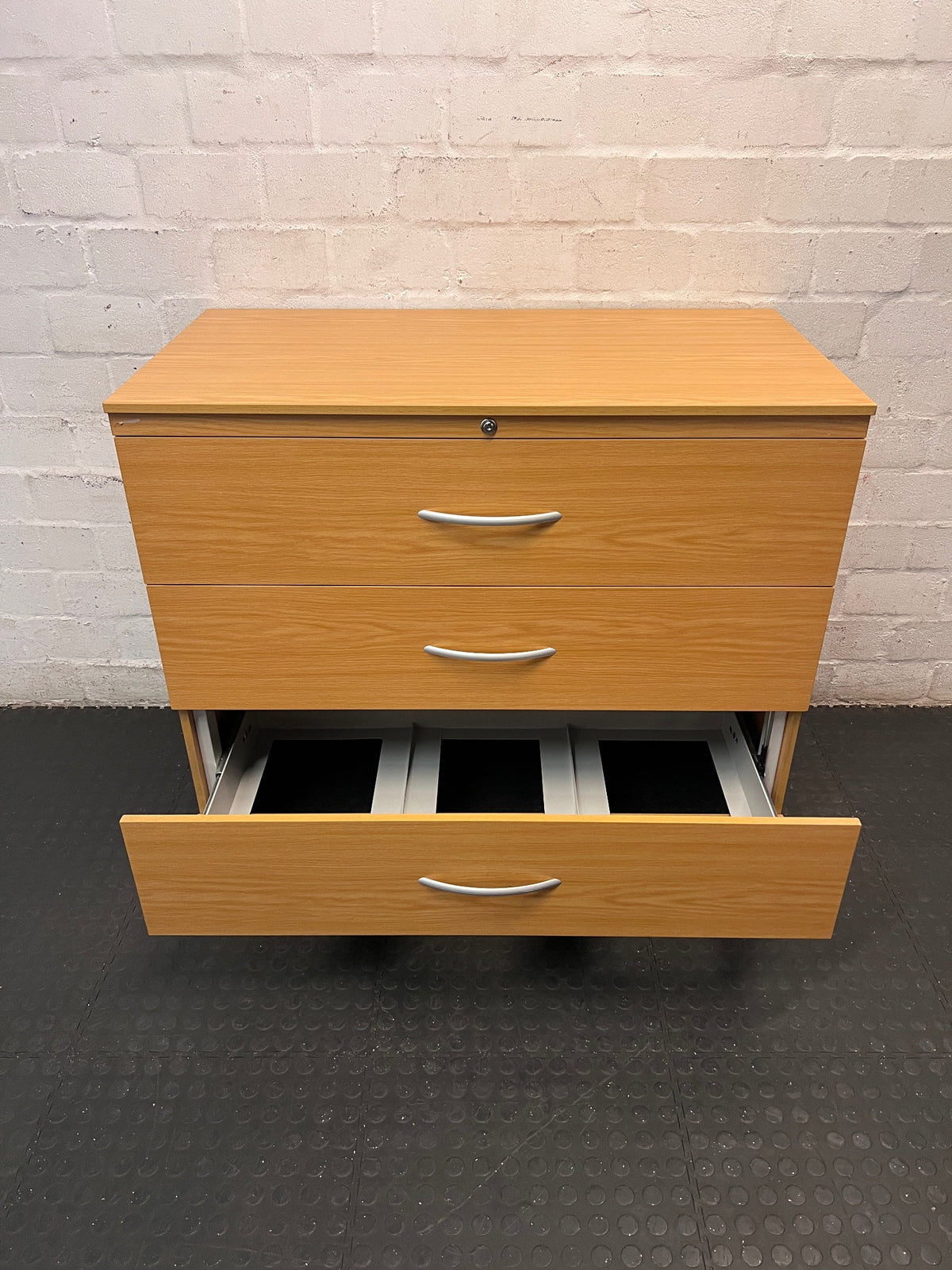 Optiplan 3-Drawer Filing Cabinet in Oak Finish — Good Condition with Keys – side view