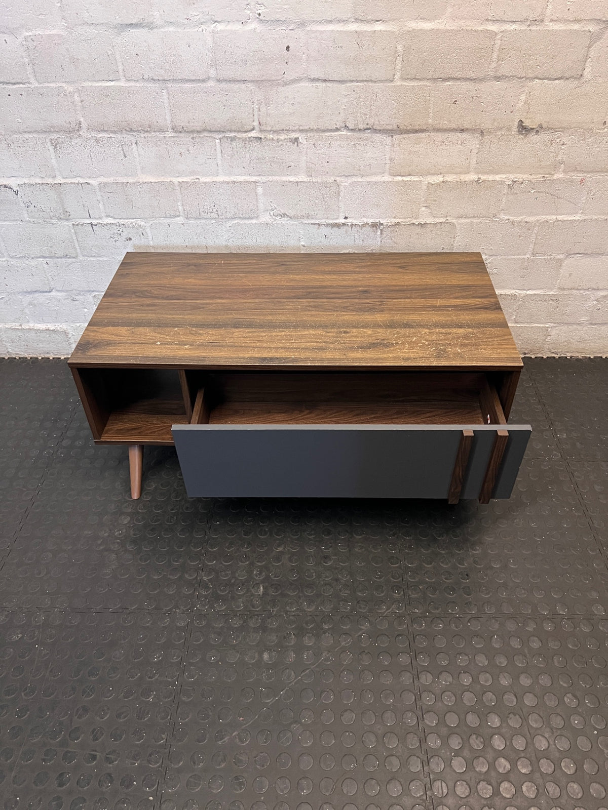 Mid-Century Style Two-Tone Wood Coffee Table — Broken Leg – side view