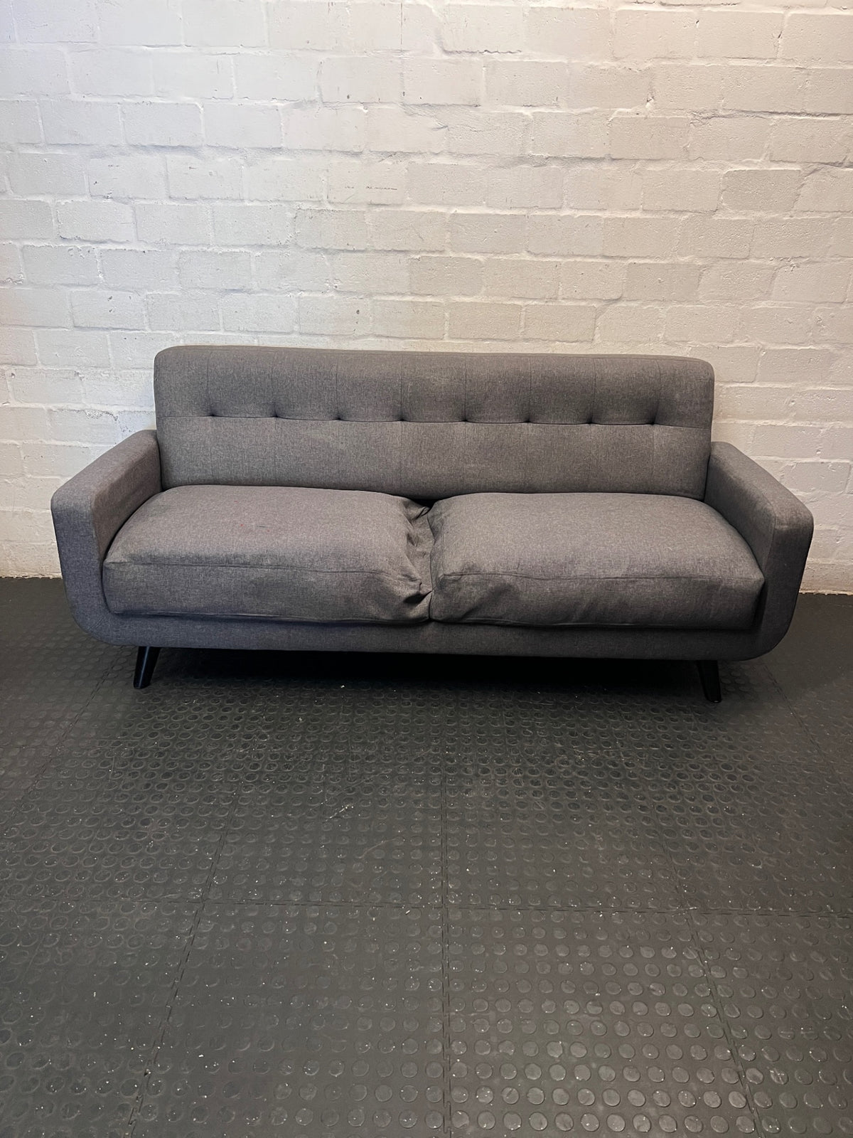 Grey Fabric 3 Seater Couch with Tufted Backrest — Fair Condition With Surface Marks – main front view