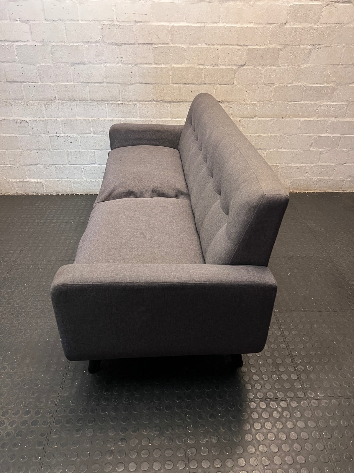 Grey Fabric 3 Seater Couch with Tufted Backrest — Fair Condition With Surface Marks – side view
