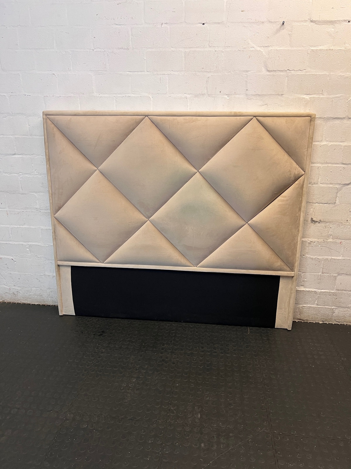 Beige Upholstered Diamond Pattern Queen Headboard — Good Condition – main front view