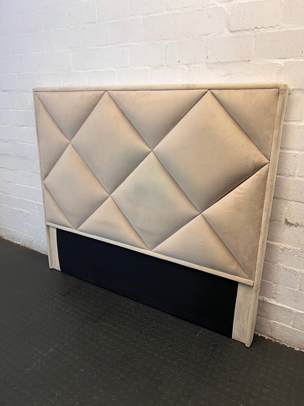 Beige Upholstered Diamond Pattern Queen Headboard — Good Condition – side view