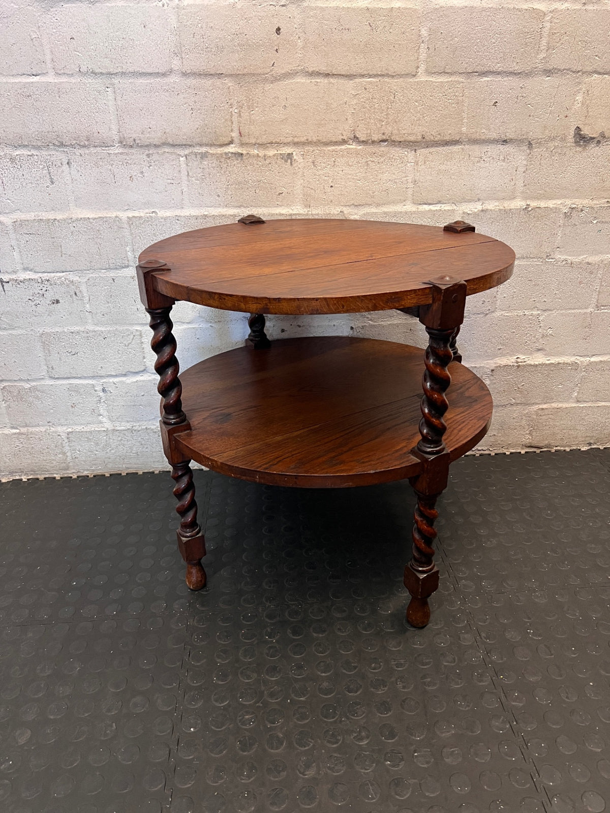Carved Wood Side Table with Barley Twist Legs — Good Working Order – back view