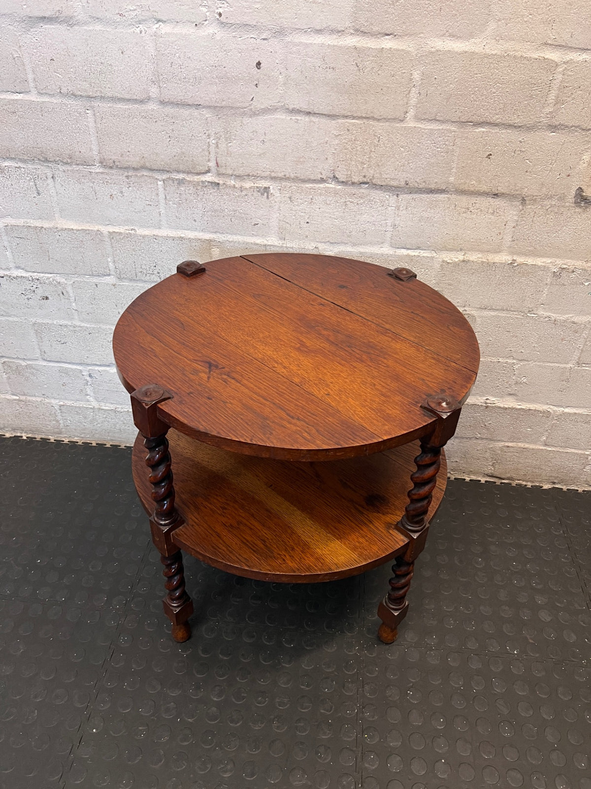 Carved Wood Side Table with Barley Twist Legs — Good Working Order – side view