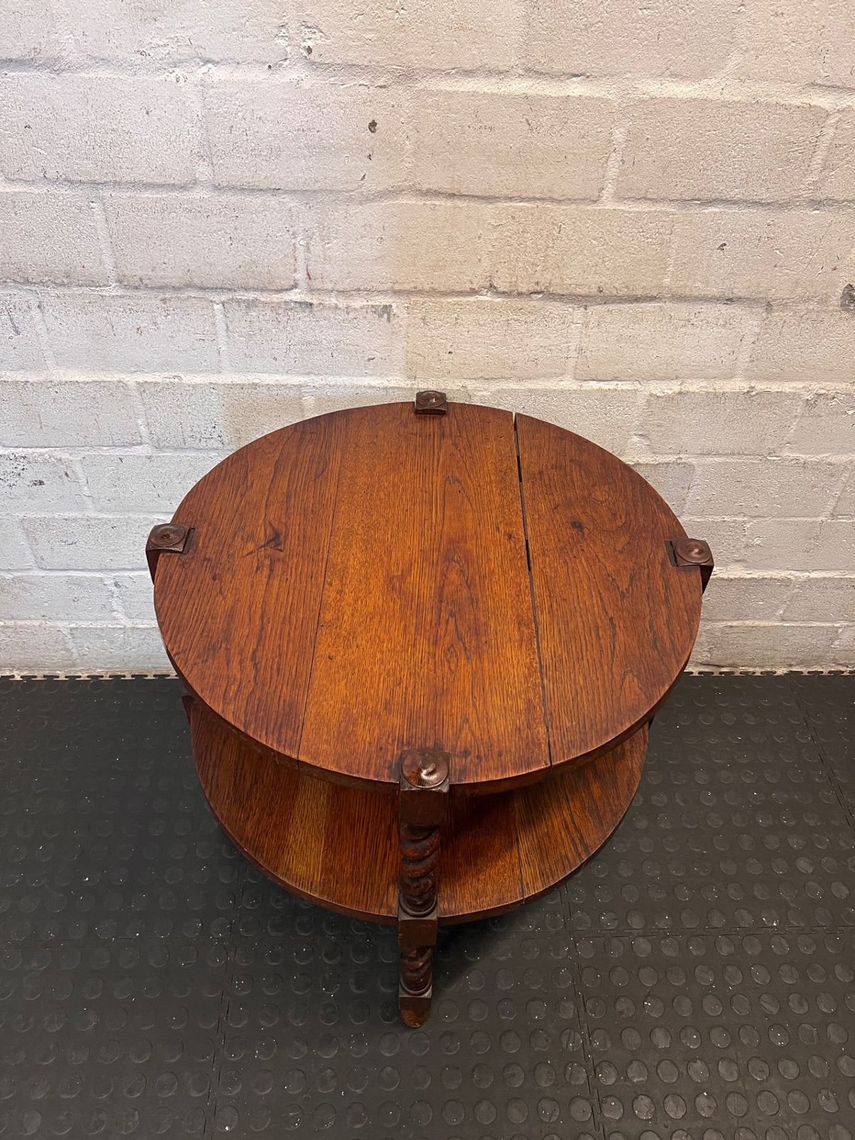 Carved Wood Side Table with Barley Twist Legs — Good Working Order – top view