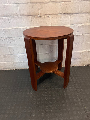 Round Wooden Side Table with Lower Shelf — Fair Condition with Surface Wear – back view