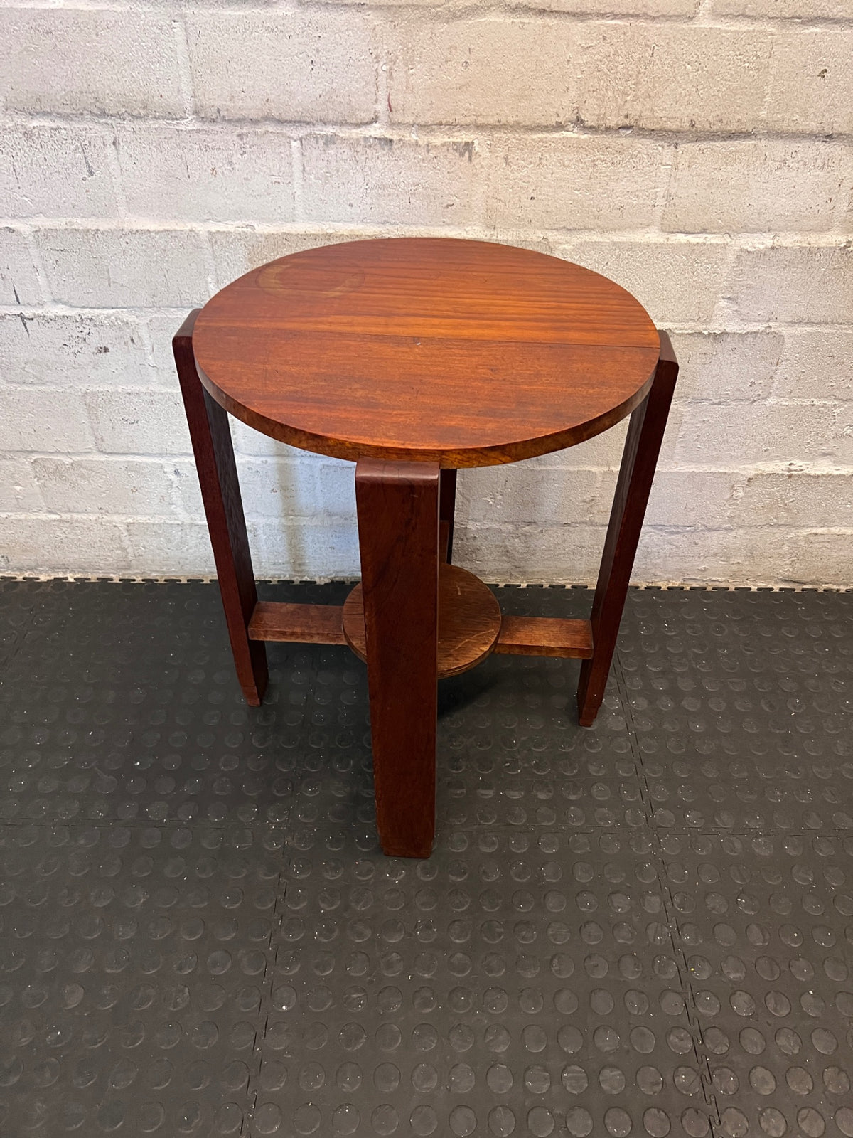 Round Wooden Side Table with Lower Shelf — Fair Condition with Surface Wear – condition detail