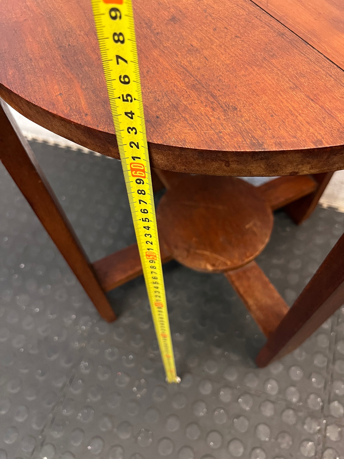 Round Wooden Side Table with Lower Shelf — Fair Condition with Surface Wear – height measurement