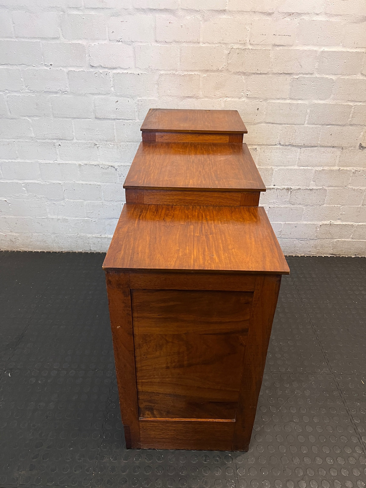 Vintage Stepped Wooden Sideboard with Glass Display — Well Used Condition – condition detail