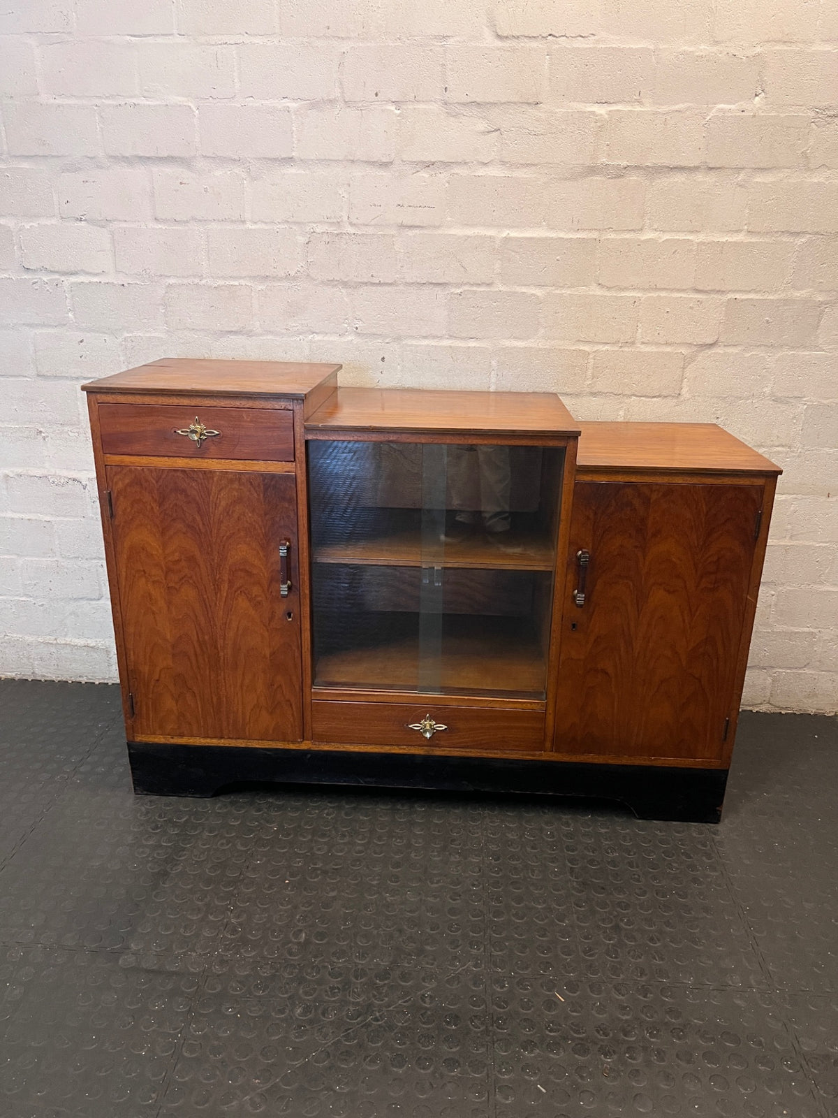 Vintage Stepped Wooden Sideboard with Glass Display — Well Used Condition – main front view
