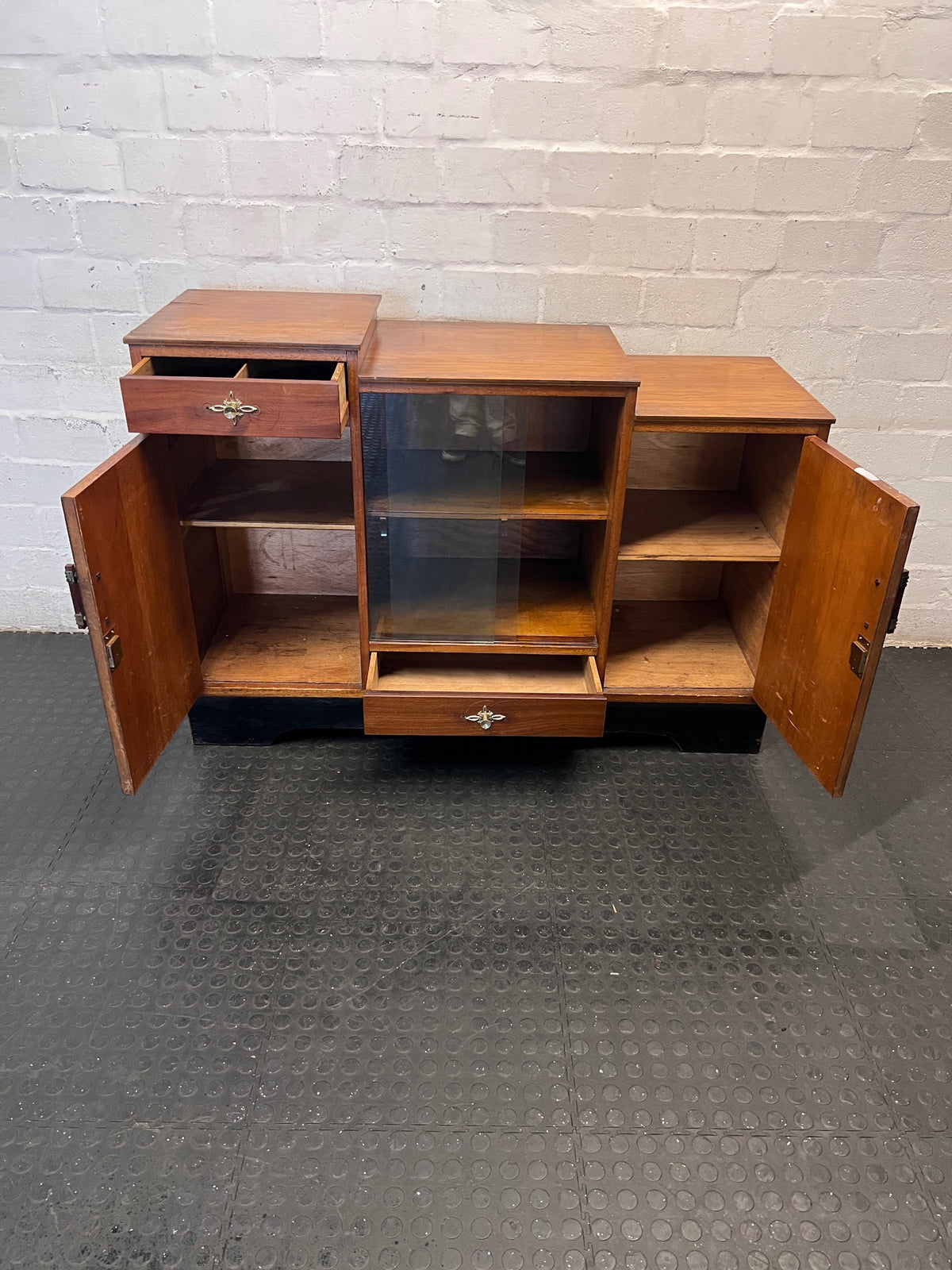 Vintage Stepped Wooden Sideboard with Glass Display — Well Used Condition – side view