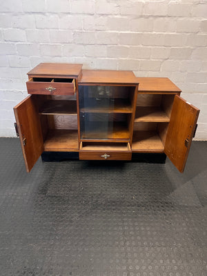 Vintage Stepped Wooden Sideboard with Glass Display — Well Used Condition – side view