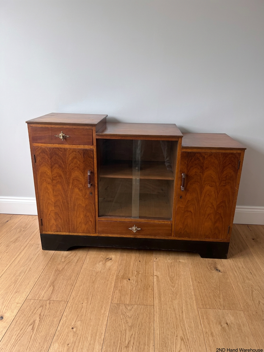 Vintage Stepped Wooden Sideboard with Glass Display — Well Used Condition – styled product image
