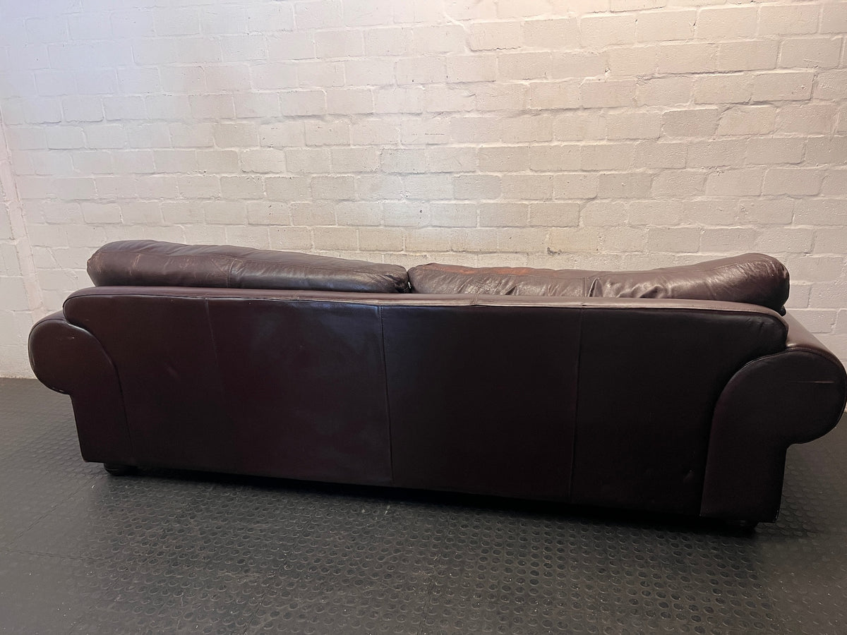Coricraft Brown Leather 3 Seater Couch with Stud Detail — Broken Cushion Zip and Visible Leather Wear – back view