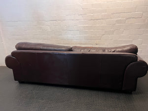 Coricraft Brown Leather 3 Seater Couch with Stud Detail — Broken Cushion Zip and Visible Leather Wear – back view