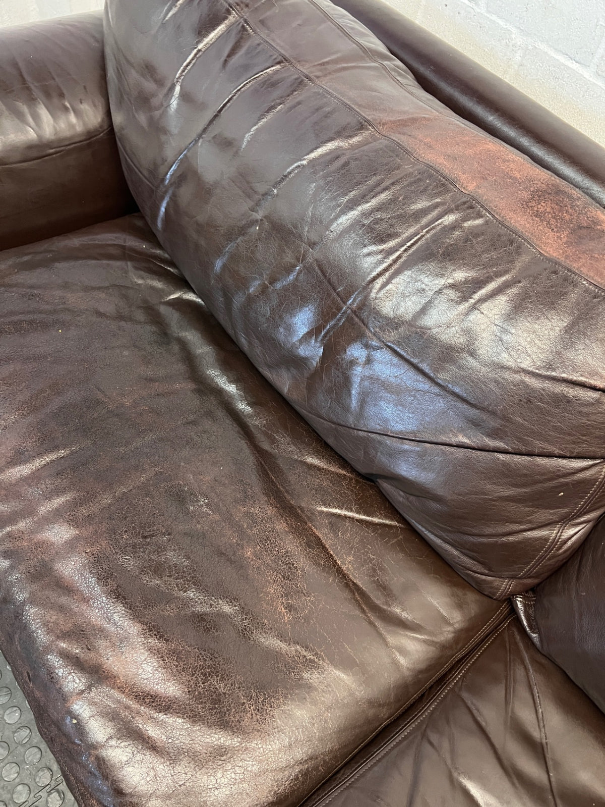 Coricraft Brown Leather 3 Seater Couch with Stud Detail — Broken Cushion Zip and Visible Leather Wear – condition detail