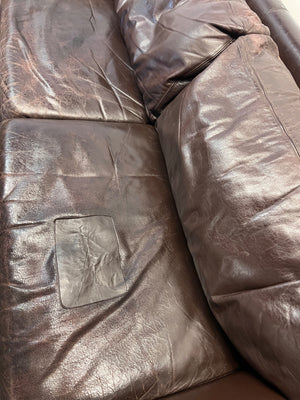 Coricraft Brown Leather 2 Seater Couch with Stud Detail — Broken Zip on Seat Cushion – back view