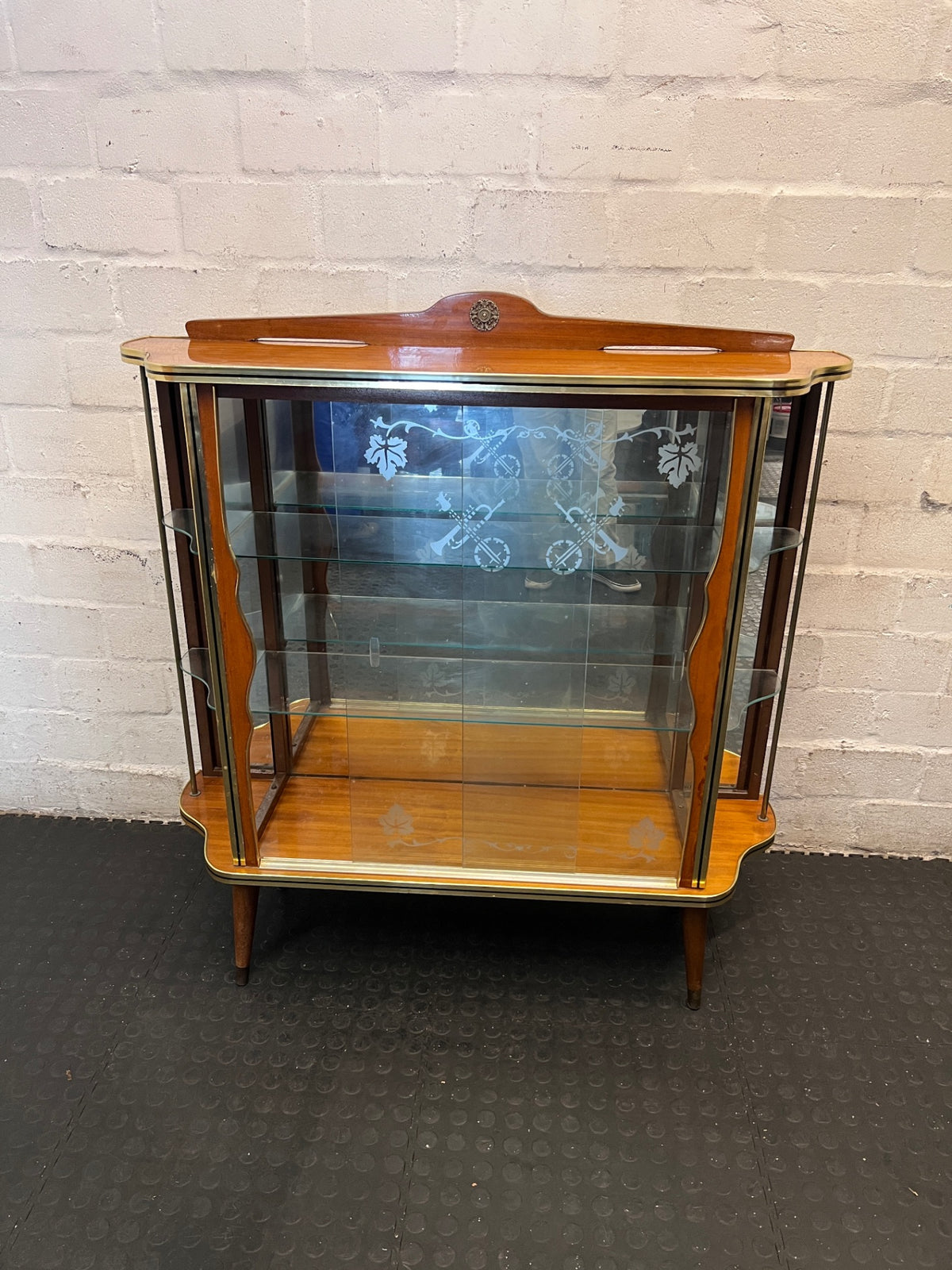 Vintage-Style Wooden Display Cabinet with Etched Glass — Fair Condition with Visible Wear – main front view