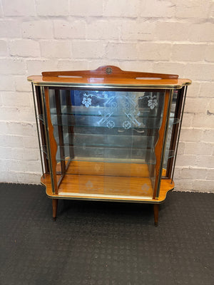 Vintage-Style Wooden Display Cabinet with Etched Glass — Fair Condition with Visible Wear – main front view
