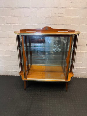 Vintage-Style Wooden Display Cabinet with Etched Glass — Fair Condition with Visible Wear – side view