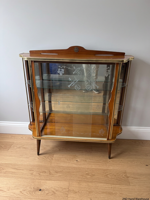 Vintage-Style Wooden Display Cabinet with Etched Glass — Fair Condition with Visible Wear – styled product image