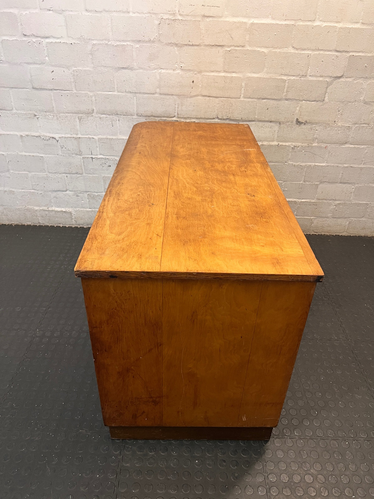 Art Deco Style Wooden Office Desk with 5 Drawers — Fair Condition with Visible Surface Wear – condition detail