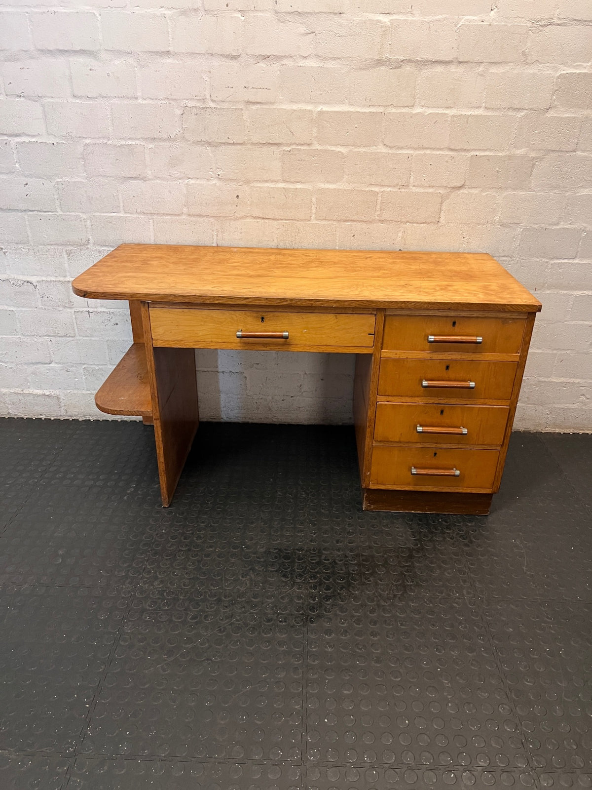 Art Deco Style Wooden Office Desk with 5 Drawers — Fair Condition with Visible Surface Wear – main front view