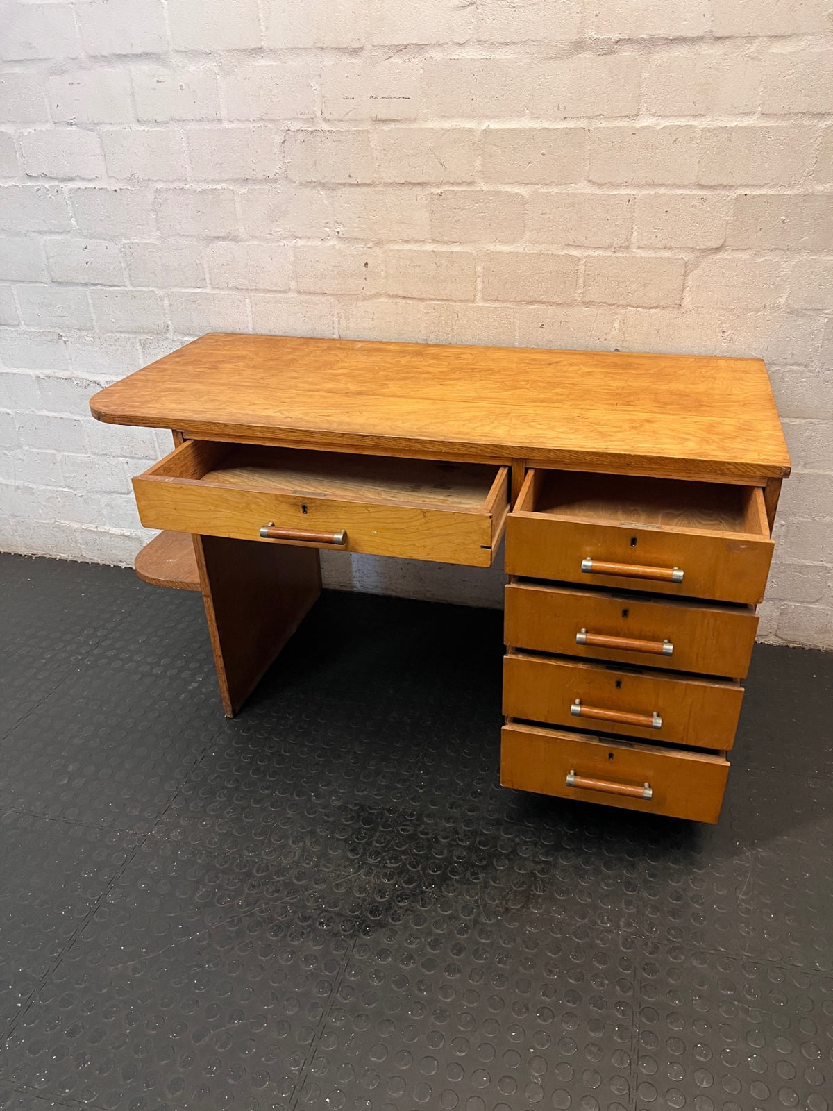 Art Deco Style Wooden Office Desk with 5 Drawers — Fair Condition with Visible Surface Wear – side view