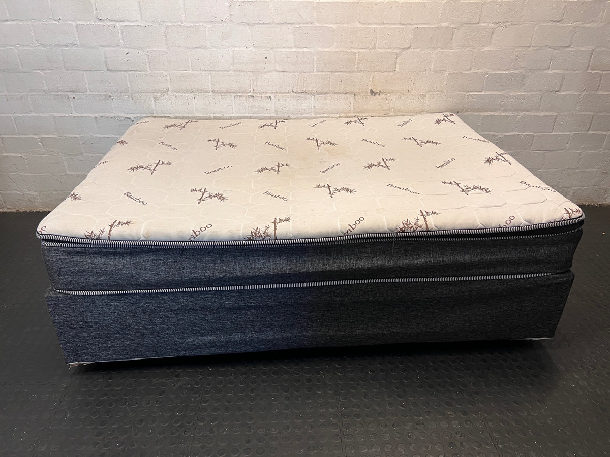 Queen Bamboo Pattern Mattress and Grey Upholstered Base — Mattress in Poor Condition; Base Shows Wear – back view